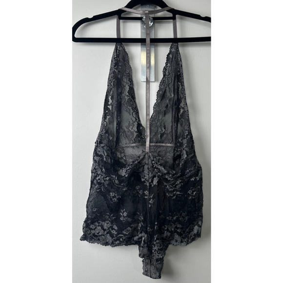 Intimately Free People Too Cute To Handle Black Gray Sheer Lace Bodysuit Sz M E7 - Picture 3 of 7
